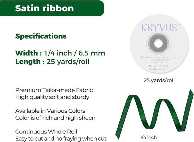 Green Satin Ribbon 1/4 inch X Continuous 25 Yards, Single Face Polyester Ribbon Perfect for Gift Wrapping, Flower Bouquet, Wedding Decor, Crafts, Bow Making, Sewing and More