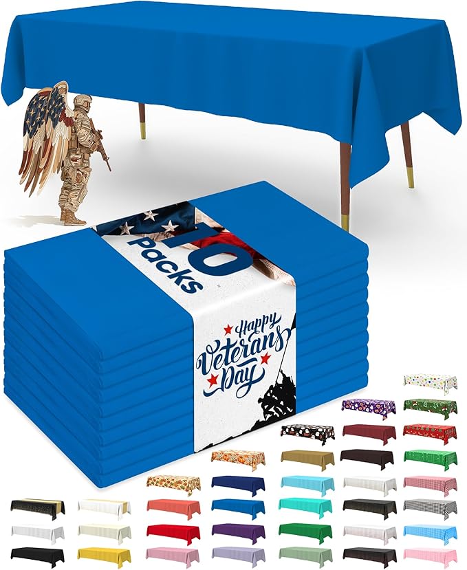 Pureegg Plastic Table Cloth Disposable 10 Pack, 54 x 108 Inch Table Cloths, Patriotic Decorations, Thanksgiving, Veterans Day Tablecloths, Rectangle, Plastic Cover, Leakproof & Sturdy, Blue