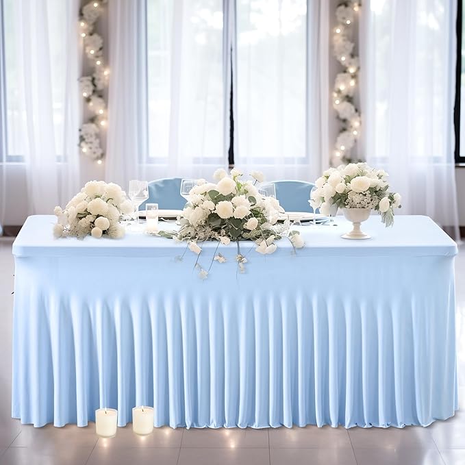Wish Care 6 Pack Baby Blue Spandex Table Clothes for 8 Foot Rectangle Tables, 8FT Wrinkle Free Fitted Tablecloths Ruffles Design Table Cover for Party, Banquet, Wedding and Events