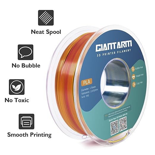 GIANTARM Tri-Colors Silk Pla Filament, 3D Printer Filament 1.75mm +/-0.02mm, 1Kg (2.2lbs) Spool, Vacuum Packaging (Red+Yellow+Blue)