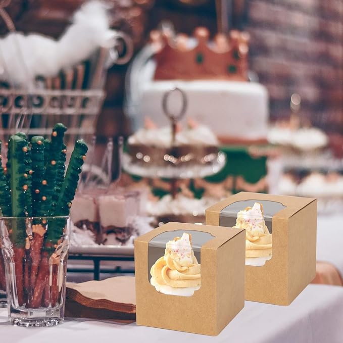 JCD 120pcs Cupcake Boxes, 3.5inches Individual Pre-Assembled Kraft Brown Cupcake Boxes with Window Single Cupcake Containers for Mother's Day, Birthdays, Baby Shower (Brown/120Pcs)
