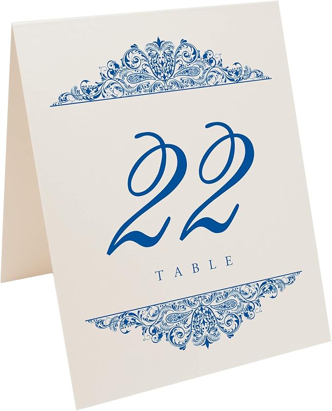 Paisley Wedding Table Numbers (Select Color/Quantity), Champagne, Royal Blue, 1-20, Double Sided, Tent or Use in a Stand, Great for Parties & Restaurants - Made in the USA
