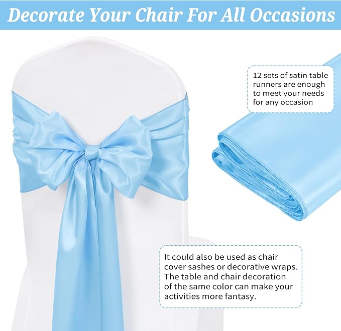 12 Pack Light Blue Satin Table Runner,12 x 108 inch Long Premium Smooth Table Runner for Wedding, Banquets, Birthday, Party, Graduation, Engagements,Table Runners fit Rectangle and Round Table