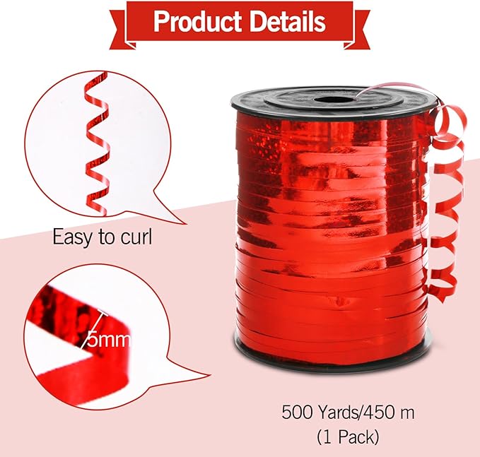 500 Yard Red Curling Ribbon, 3/16" Christmas Shiny Curly Ribbons for Crafts Gift Wrapping Supplies, Balloon String Ribbon, Gift Ribbons for Valentine's Day Birthday Wedding Party Decorations