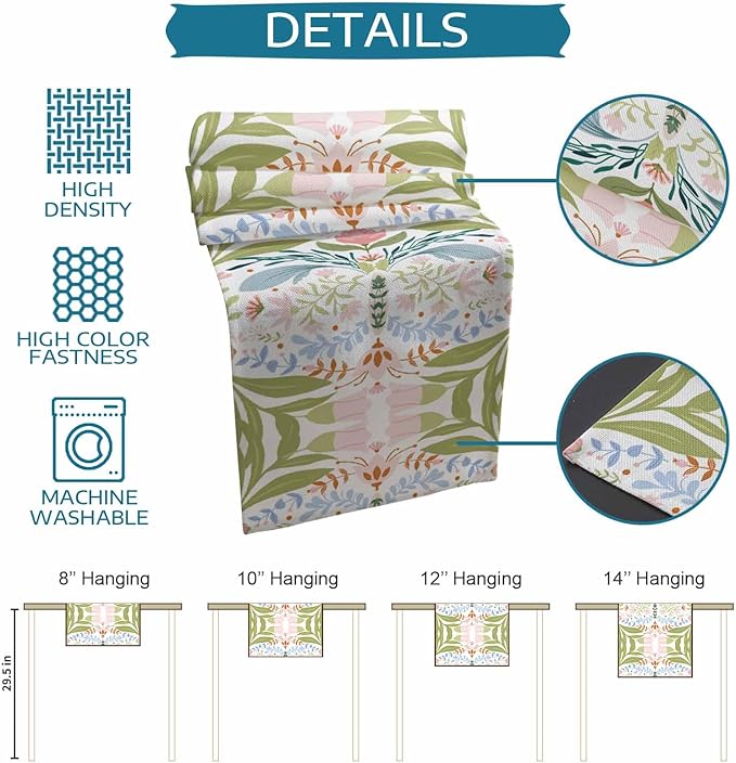 Green Blue Pink Boho Floral Cotton Linen Table Runner for Dining Kitchen, Wedding Outdoor Party Tablerunners Decoration, Retro Bohemian Botanical Dresser Scarf Coffee Tablecloth Runners 13x120 Inches