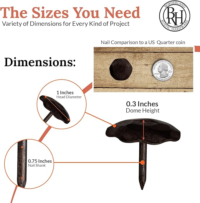 50 Pack 1" Small Round Head Iron Clavos Decorative Nails – Unfinished – Handmade Rustic Round Fasteners for Farmhouse Shutter, Faux Wood Beams, Barn Door, Shutters, and Gates – Ornamental Wood Accent