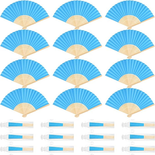 12 Pieces Blue Hand Held Bamboo Folding Fans Paper Fans Handheld for Women Foldable Girls Wedding DIY Decoration Church Home Party Favors Summer