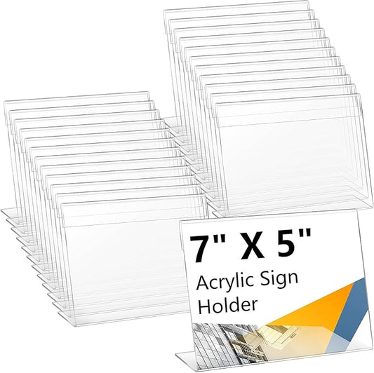 Vicenpal 6 Pcs 7x5 Inch Clear Acrylic Sign Holder Plastic L-shape Vertical Menu Stand, Picture Photo Frames, Table Paper Holder, Flyer Sign Display Stand for Restaurants, Store, Office, Wedding