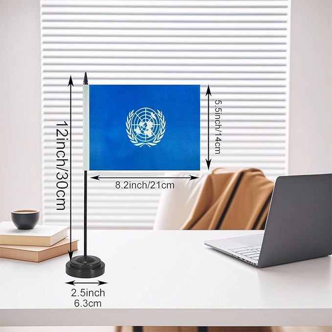 United Nations Desk Flag 12" Solid Pole Deluxe Set United Nations Flags Banner Mini Small United Nations Office Table Flags with Black Stand Base Desktop Decorations(2Pack)