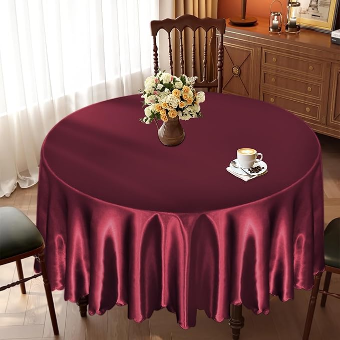 KKJIAF 1 Pack 108 Inch Round Table Cloth, Burgundy Overlay Round Satin Table Cover, Silky Satin Dining Tablecloths for Wedding Buffet Parties Banquet Decoration