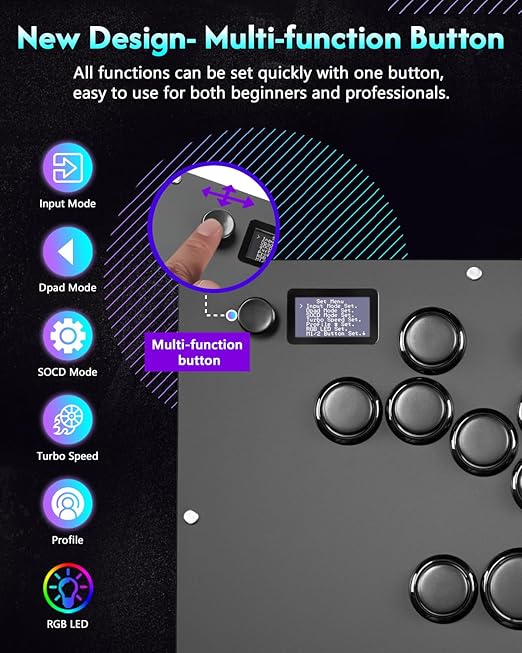 GuileKeys Leverless Controller Arcade Stick GK-16, All-Button Arcade Controller with Multi-function Button for PS4/PS3/PC/Switch, Arcade Fight Stick with RGB/Turbo/Hot-Swap/Low Profile Switch Black