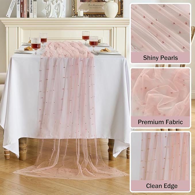 Fanami 1 Pack Pearl Table Runner -10FT Dusty Pink Boho Tulle Table Runners 120 Inches Long Rustic Sheer Lace Fabric Centerpieces for Wedding Arch Birthday Party Bridal Veil Baby Shower Decorations