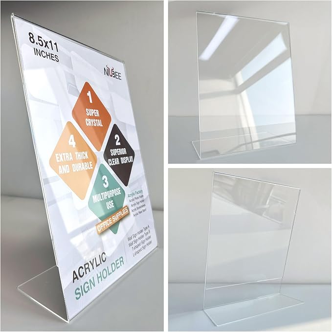 NIUBEE Acrylic Sign Holder 8.5 x 11 Inches Slanted Back, Clear Plastic Sign Holder Paper Display Table Stand for Office, Store, Restaurant (10 Pack)