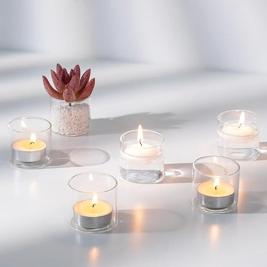 NUPTIO Glass Votive Candle Holders: Set of 12 Clear Tea Light Holders - Mini Floating Candleholders for Home Christmas Thanksgiving Party Table Centerpieces Decor (1.8 x 1.57 inch)
