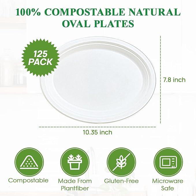 Vplus 100% Compostable Oval Paper Plates 10 inch 125 Pack Super Strong Disposable Paper Plates Bagasse Natural Biodegradable Eco-Friendly Sugarcane for BBQ, Party, Gathering, and Picnic