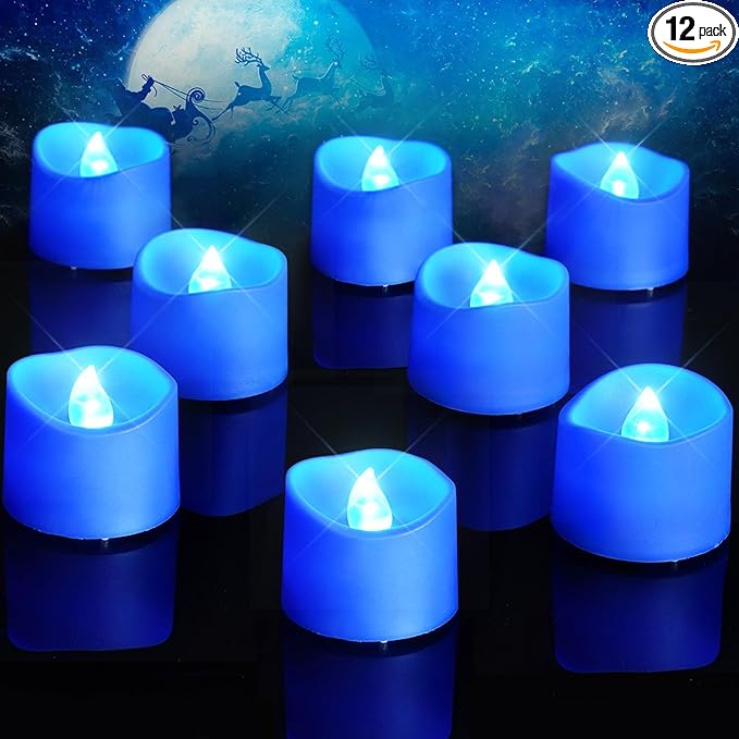 Homemory Blue Tea Lights Candles Battery Operated, 200+Hour Flameless Flickering Fake Electric LED Colored Tealights Candles for Wedding Table Decor, Theme Party, Aniversary, Proposal, 12-Pack