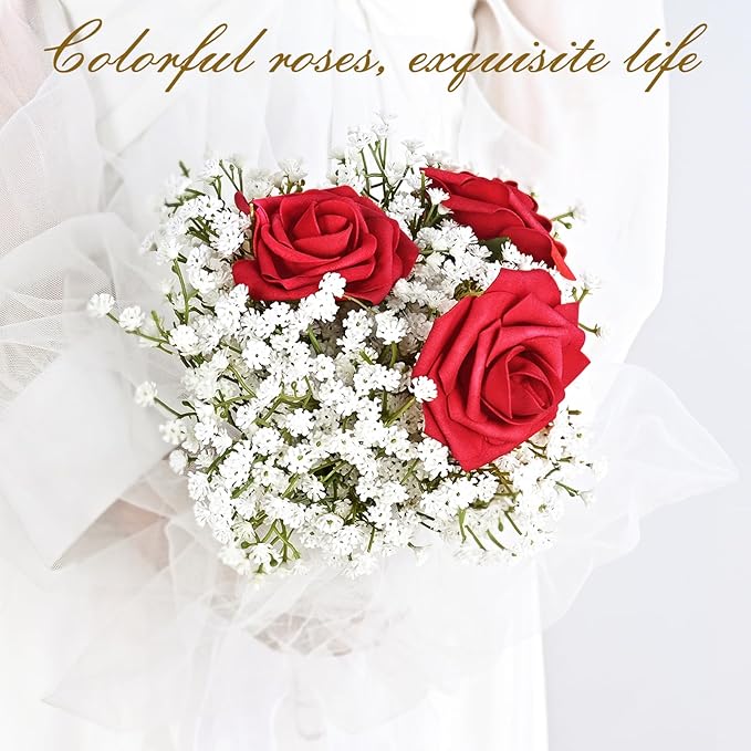 BLEUM CADE 36Pcs Artificial Flowers Fake Roses with Stems, Red Boxed Foam Roses for DIY Bouquets Centerpieces Wedding Party Arrangement Bridal Shower Decor