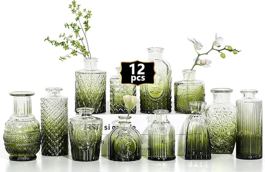 Mini Bud Vases As Wedding Centerpieces for Tables,Clear Bud Vases for Flowers,Small Flower Vases Suitable for Birthday Party,Anniversary,Wedding Reception,Baby Shower (Dark Green, 12PCS)