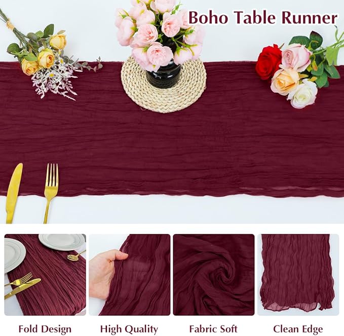 10 Pack Wine red Cheesecloth Table Runner -21*120Inch Long Boho Wedding Table Decor, Rustic Gauze Fabric Runner for Bridal Showers, Baby Showers & Parties (Sheer, Lightweight, Wrinkled Design)