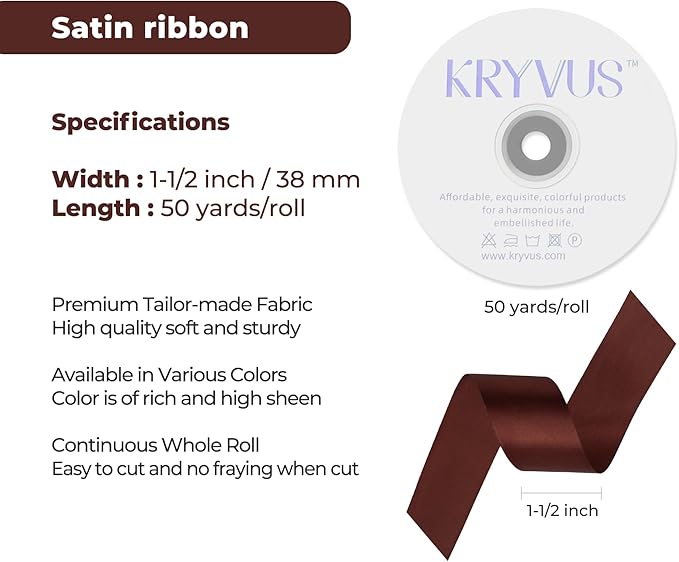 Coffee Brown Satin Ribbon 1-1/2 inch X Continuous 50 Yards, Single Face Polyester Ribbon Perfect for Gift Wrapping, Flower Bouquet, Wedding Decor, Crafts, Bow Making, Sewing and More
