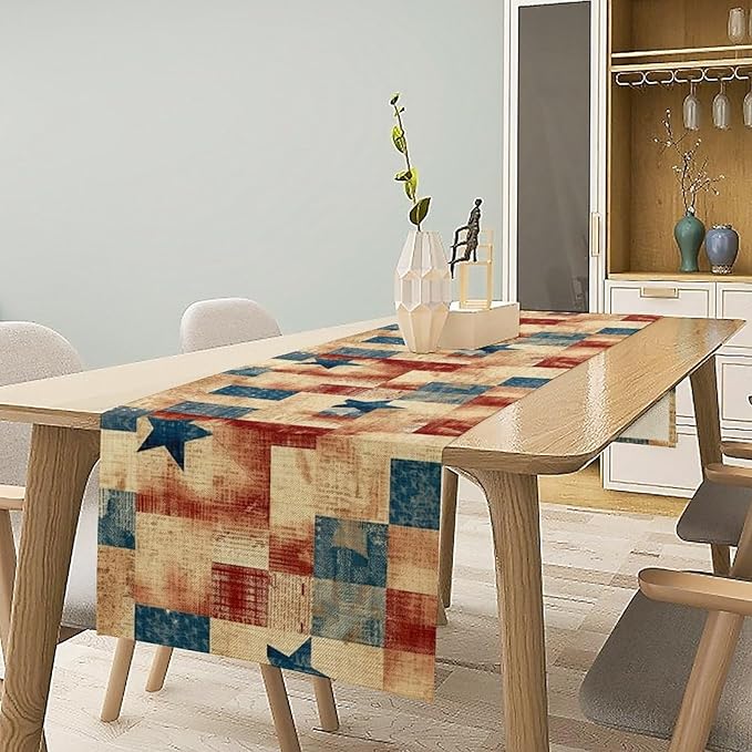 4th of July Table Runner, Rustic Vintage Country Red White Blue American Stars Independence Day Print Table Cover for Farmhouse Kitchen Dining Table Decor, 13x108inch