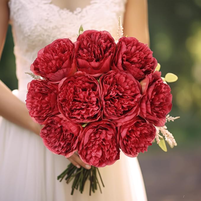 U'Artlines 10 Heads Artificial Peony Silk Flower Leaf Home Office Wedding Party Festival Bar Decor (Red)