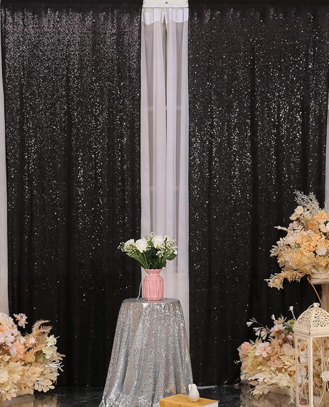 Poise3EHome Black Sequin Backdrop Curtain, 2 PCS 5FT x 10FT Sequin Backdrop Panels,Black Curtains for Photography Party Birthday Halloween Backdrop