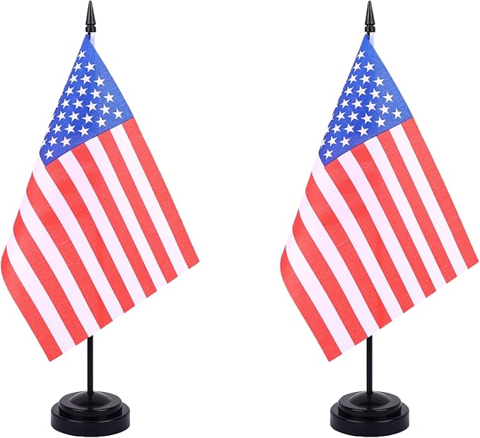 USA Desk Flag 12" Solid Pole Deluxe Set American Flags Banner Mini Small US Office Table Flags with Black Stand Base Desktop Decorations(2Pack)