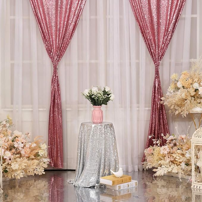 Poise3EHome 2Pcs 3Ft x 8Ft Fuchsia Pink Sequin Backdrop Curtain, Glitter Photography Background, Sequence Xmas Thanksgiving Backdrop for Wedding Party Holiday Festival Decor