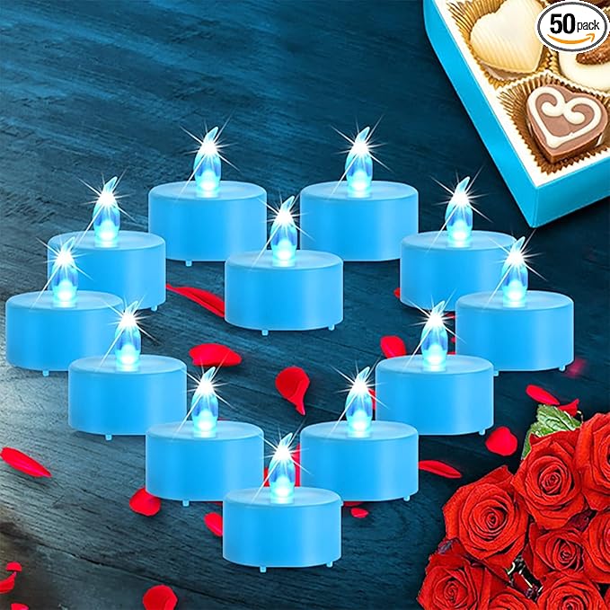 LED Tea Lights Candles- 50PACK Flameless Candles Realistic and Bright Flickering Long Lasting 200Hours for Holiday Celebration,Home Decoration Blue