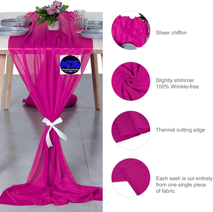 MDS 25 Pack 10ft Chiffon Table Runner 29 x 120 Inches Sheer Wedding Runner Romantic Rustic Table Runner for Wedding Decorations, Birthday Parties, Bridal Shower Party Arch Decor - Magenta