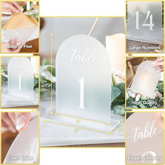Frosted Arch Acrylic Table Numbers for Wedding Reception -20 Pack 5" x 7" White Font Table Number Centerpiece Set with Holder Stands & Head Table Sign - Anniversary, Event, Party, Wedding Table Numbers 1-20