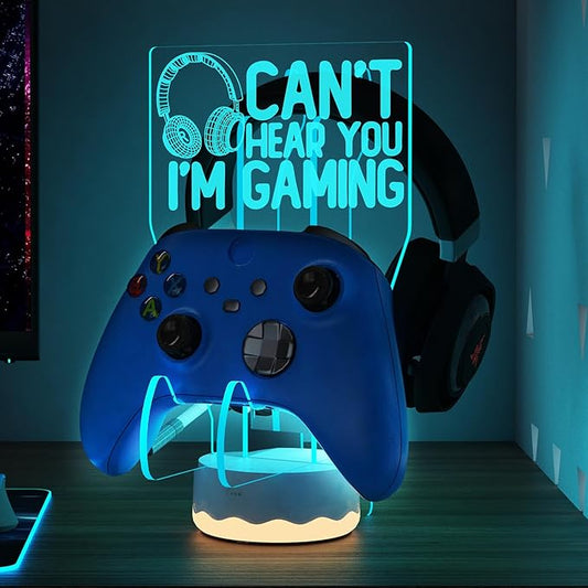 Light Up Headset and Controller Stand, 16 Colors 3D LED Lights Gamepad Headphone Holder with Remote Control, Game Controller Hanger for All Universal Gaming PC Accessories