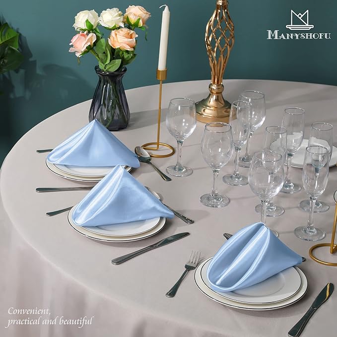 Manyshofu 50 Pieces Baby Blue Satin Napkins - 12x12 Inches Cloth Napkins, Square Satin Fabric Napkin Set - Elegant & Smooth Table Napkins for Wedding Dinner Party Lunch Banquet Restaurant Decoration