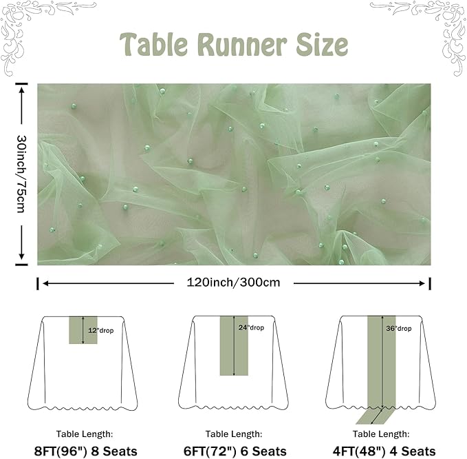 Fanami 6 Pack Pearl Table Runner -10FT Sage Green Boho Tulle Table Runners 120 Inches Long Rustic Sheer Lace Fabric Centerpieces for Wedding Arch Birthday Party Bridal Veil Baby Shower Decorations