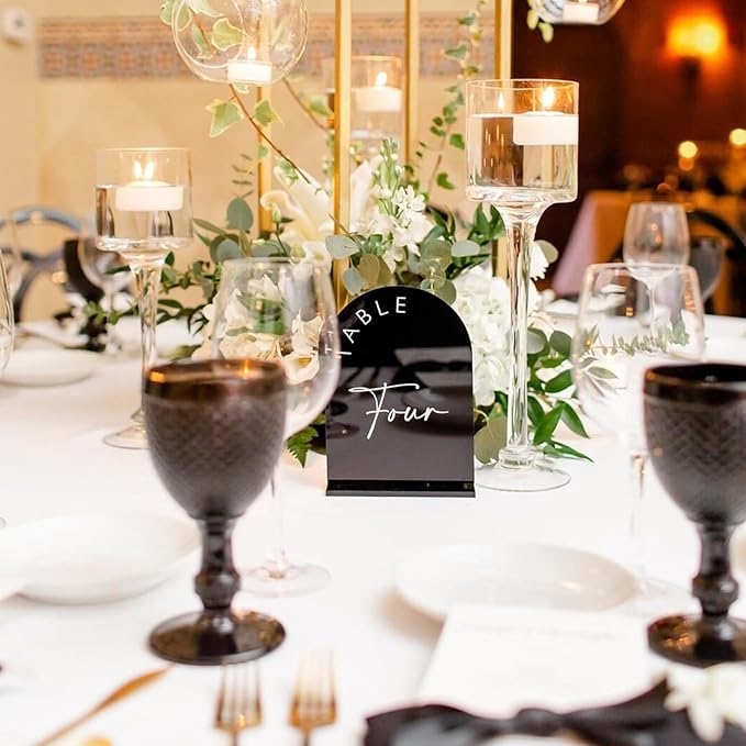 Black Arched Wedding Table Numbers 1-20 with Stands, 5x7 Inch Black Acrylic Arch Sign with Holder, Arch Acrylic Table Numbers for Wedding Reception (1-20, 5"x7")