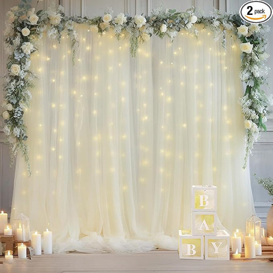 10×10ft Cream White Tulle Backdrop Curtain with Lights String for Parites, Sheer Photo Curtain Backdrop Drapes for Wedding Party Photography Backgrounds