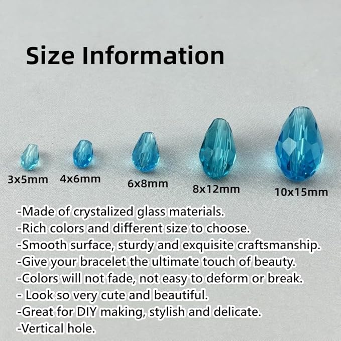 200pcs 3x5mm Teardrop Crystal Glass Beads for Jewelry Making, Faceted Vertical Hole Teardrop Glass Spacer Beads for Wind Chimes Bracelet Earring Necklace DIY Craft(Lake Blue)