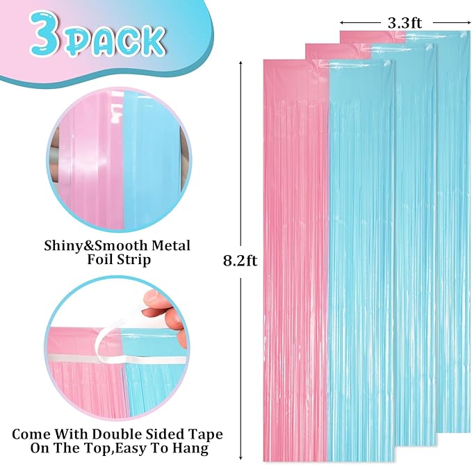 3 Pack 3.3 x 8.2 ft Pastel Blue and Pink Foil Fringe Backdrop Curtains, Tinsel Streamers Party Decorations, Fringe Backdrop for Grender Reveal, Baby Shower, Birthday Party