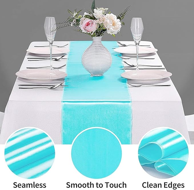 10-Pack Satin Table Runner Turquoise 12 x 108 inches Long, Table Runners for Wedding, Birthday Parties, Banquets Decorations（10 Pack, 12x108 Inch, Turquoise）