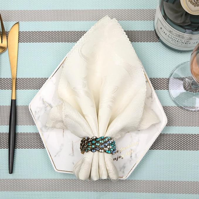 Jeweled Napkin Rings Set of 12 - Vintage Metal Crystal Rustic Peacock Napkin Ring Holders for Wedding Party Holiday, a Beautiful Dinner Table Décor (Multicolor) (12)