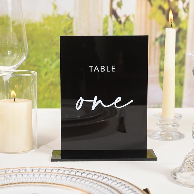 UNIQOOO Black Wedding Double Sided Table Numbers with Stands 1-15 set, 5x7'' Acrylic Signs with Holders and Printed Calligraphy, Seat Display Wedding Decor Perfect for Centerpiece, Reception