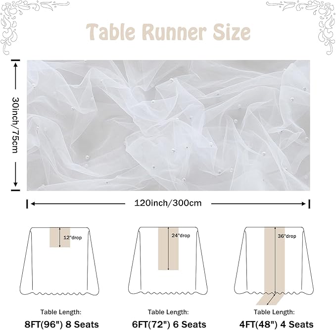 Fanami 3 Pack Pearl Table Runner -10FT Ivory White Boho Tulle Table Runners 120 Inches Long Rustic Sheer Lace Fabric Centerpieces for Wedding Arch Birthday Party Bridal Veil Baby Shower Decorations