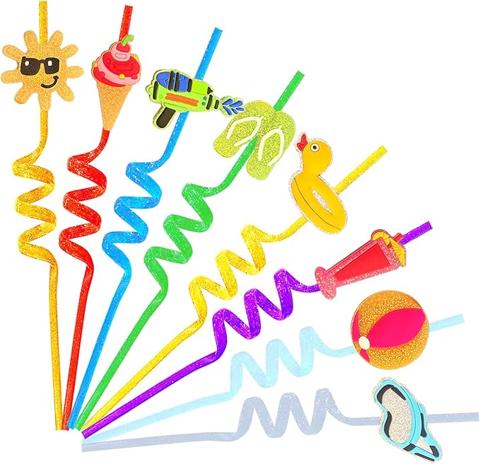 24 Beach Drinking Straws Beach Ball Pool Summer Birthday Party Supplies Decorations Glitter Pool Party Straws With 2 PCS Cleaning Brushes
