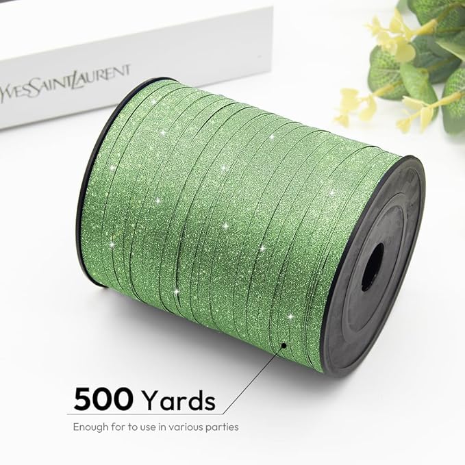 KMER LIFE Green Glitter Curling Ribbon, 1/5" Wide x 500 Yards Christmas Curling Ribbons for Gift Wrapping, Party Decoration, Balloon String, Crafting, Balloon Ribbons for Florist Flower (1 Roll)