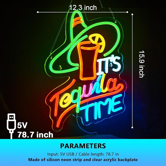 It's Tequila Time Neon Sign Tequila Time Neon Sign for Wall Decor Mexican Tequila USB Dimmable LED Neon Lights for Beer Bar Kitchen Restaurant Home Pub Party Man Cave Club Shops Hotel Store Business Gift