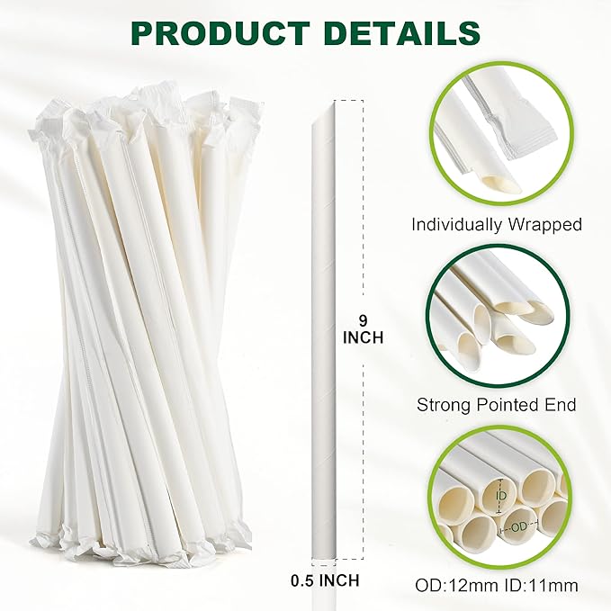9 Inch Individually Wrapped Disposable White Paper Boba Straws, Bubble Tea Straws 100 Counts, 0.5"/12mm Wide - Pointed End, Extra Thick, Fat - Eco-friendly Biodegradable