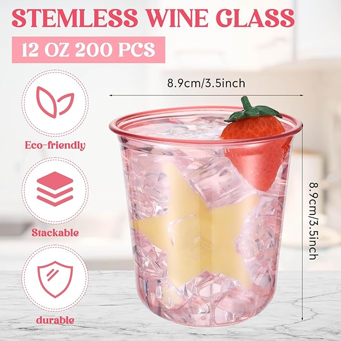 200 Pcs Disposable Stemless Glasses 12oz Crystal Plastic Wine Glasses Clear Classic Pet Cup for Meeting Weddings Birthdays Cocktail Christmas Party Supplies (Pink)
