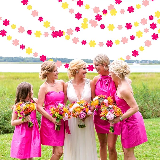 Hot-Pink Yellow Fall Party-Decorations Streamers-Garland - 52ft Boho Flower Hanging Paper Banner, Groovy Birthday Baby Bridal Shower Bachelorette Wedding Classroom Decor Hugfond