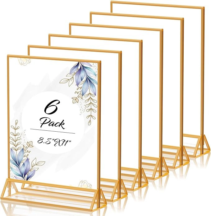 Acrylic Sign Holder 8.5X11 Gold Picture Frame Double Sided Acrylic Frame Plastic Sign Holder Display Stand for Wedding Table Numbers Menu Holder (6 Pack)